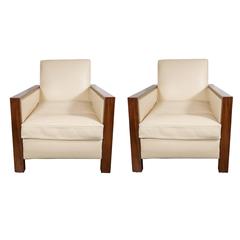 Pair of Fine French Art Deco Skyscraper Style Club Chairs in Book-Matched Walnut