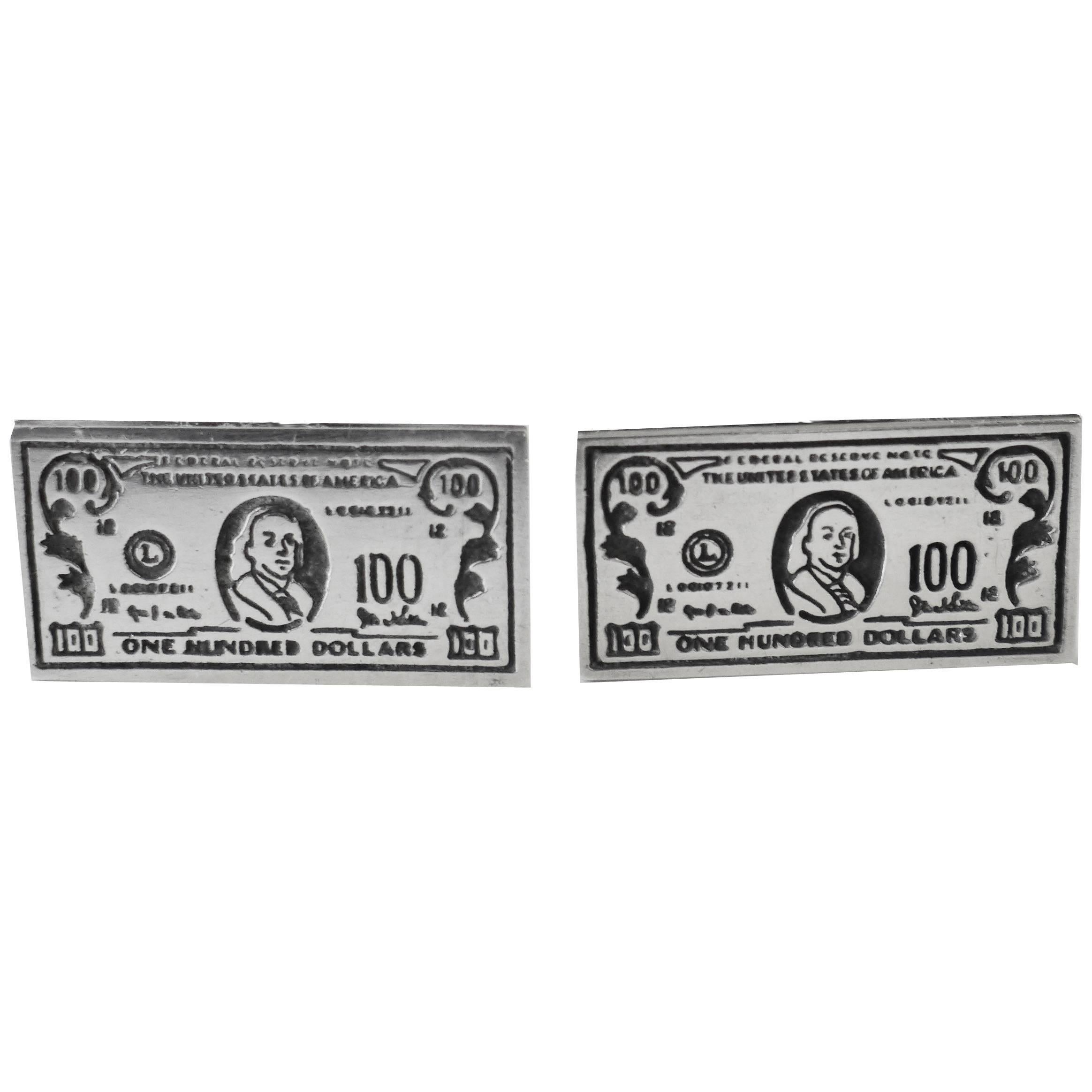 Sterling $100 Dollar Bill Cuff Links For Sale