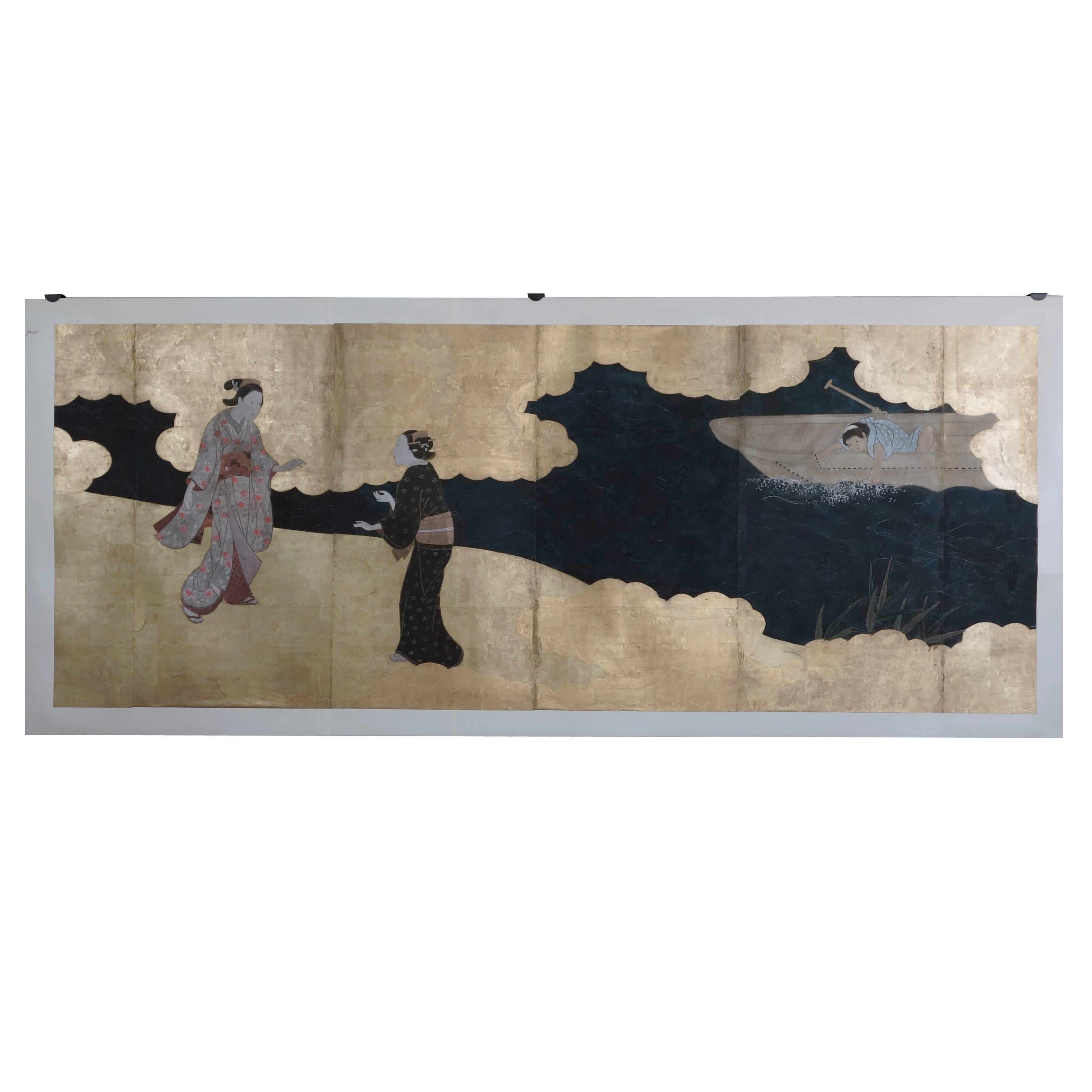 Edo Period Screen of a Foggy River with Three Figures For Sale