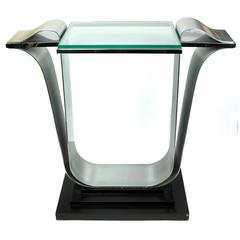 Unusual Midcentury Glass and Metal Console Table on Wooden Base 5