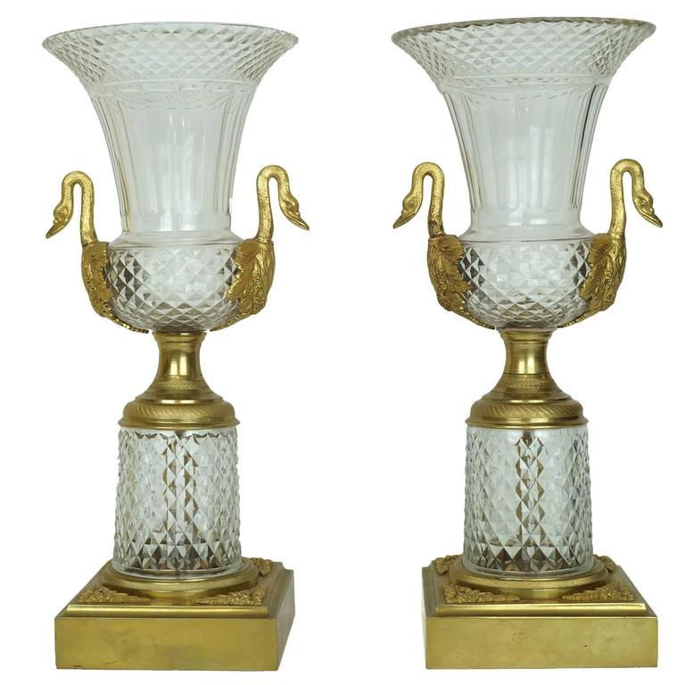 Pair of Crystal and Bronze Vases with Swan Handles For Sale at 1stDibs