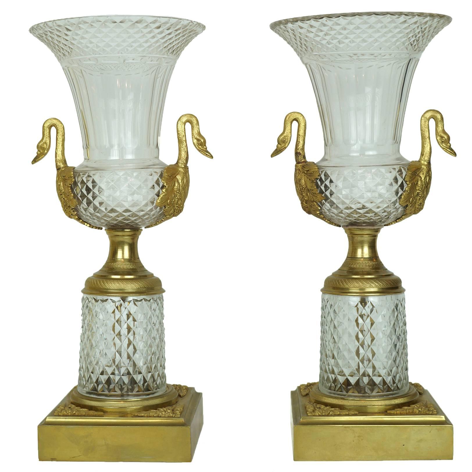 Pair of Crystal and Bronze Vases with Swan Handles