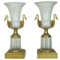 Pair of Crystal and Bronze Vases with Swan Handles