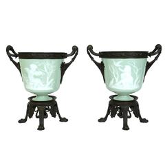 Pair of French Bronze and Green Porcelain Pat Sur Pate Cache Pot Flower Vases