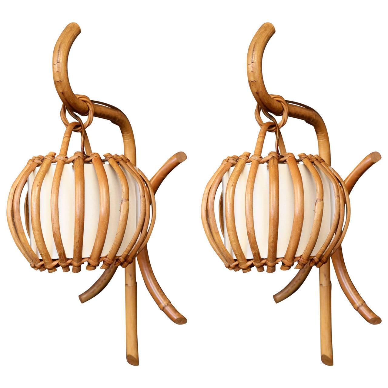 Pair of 1960s Rattan "Lantern" Sconces Attributed to Louis Sognot