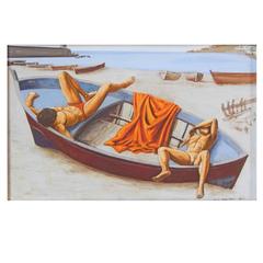 "Napping on the Beach, " Rare and Important Mid-Century Painting, Forio, Italy