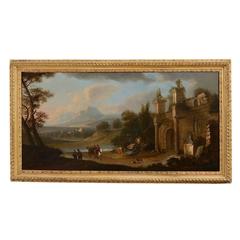 Classical Landscape with Figures, Horse and Cart Goats and Ruins