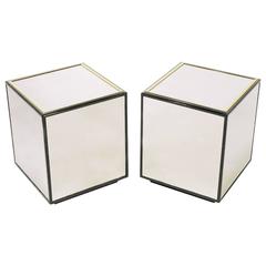 Pair of Henredon Black Lacquer and Brass Mirrored Cube Tables