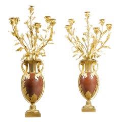 Large Pair of Louis XVI Style Ormolu Mounted Red Marble Six-Light Candelabra