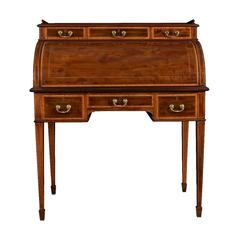 Edwardian mahogany and satinwood cross banded cylinder top desk by Maple & Co