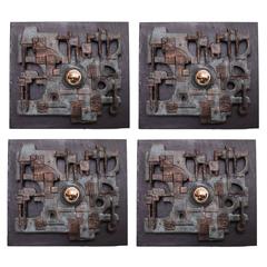Set of Four Cast Copper and Slate Brutalist Flush Mounts or Wall Lamps