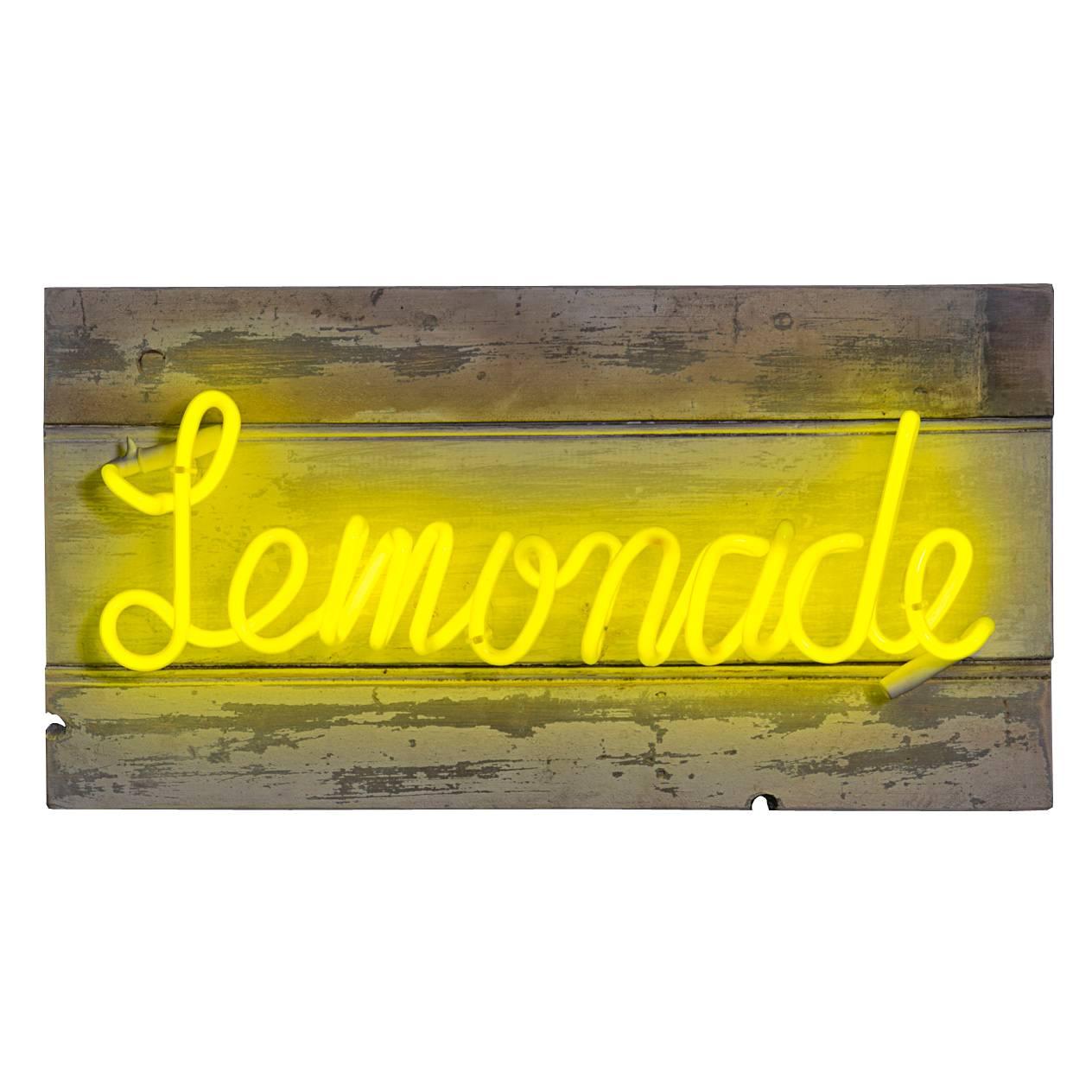 "Lemonade" Canary Yellow Neon on Aged Painted Wood For Sale