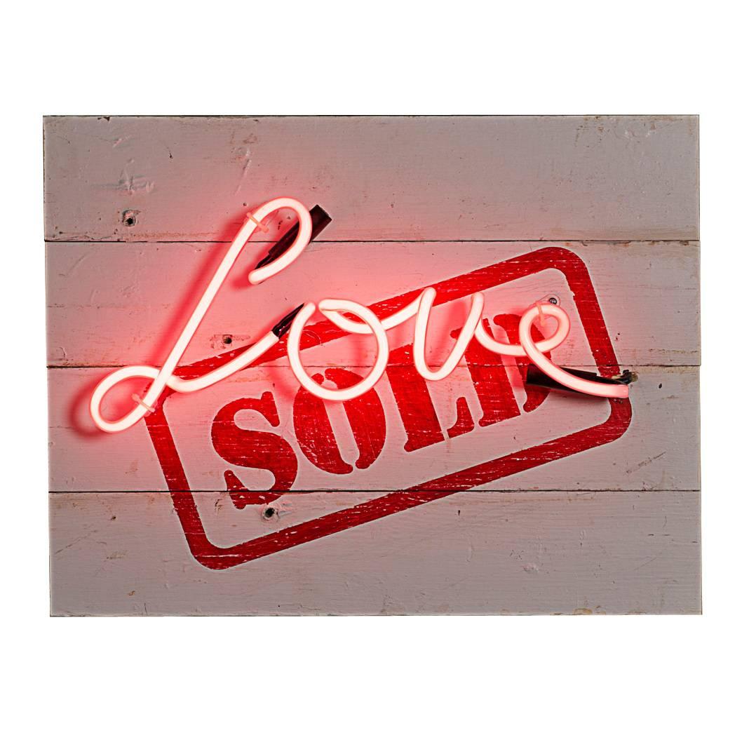 "Love SOLD" Hand-Painted Sign with "Love" in Pink Neon For Sale
