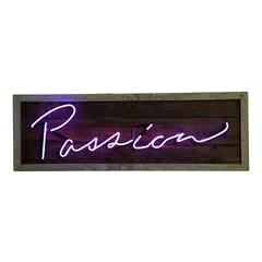 "Passion" in Purple Neon on Dark Wood