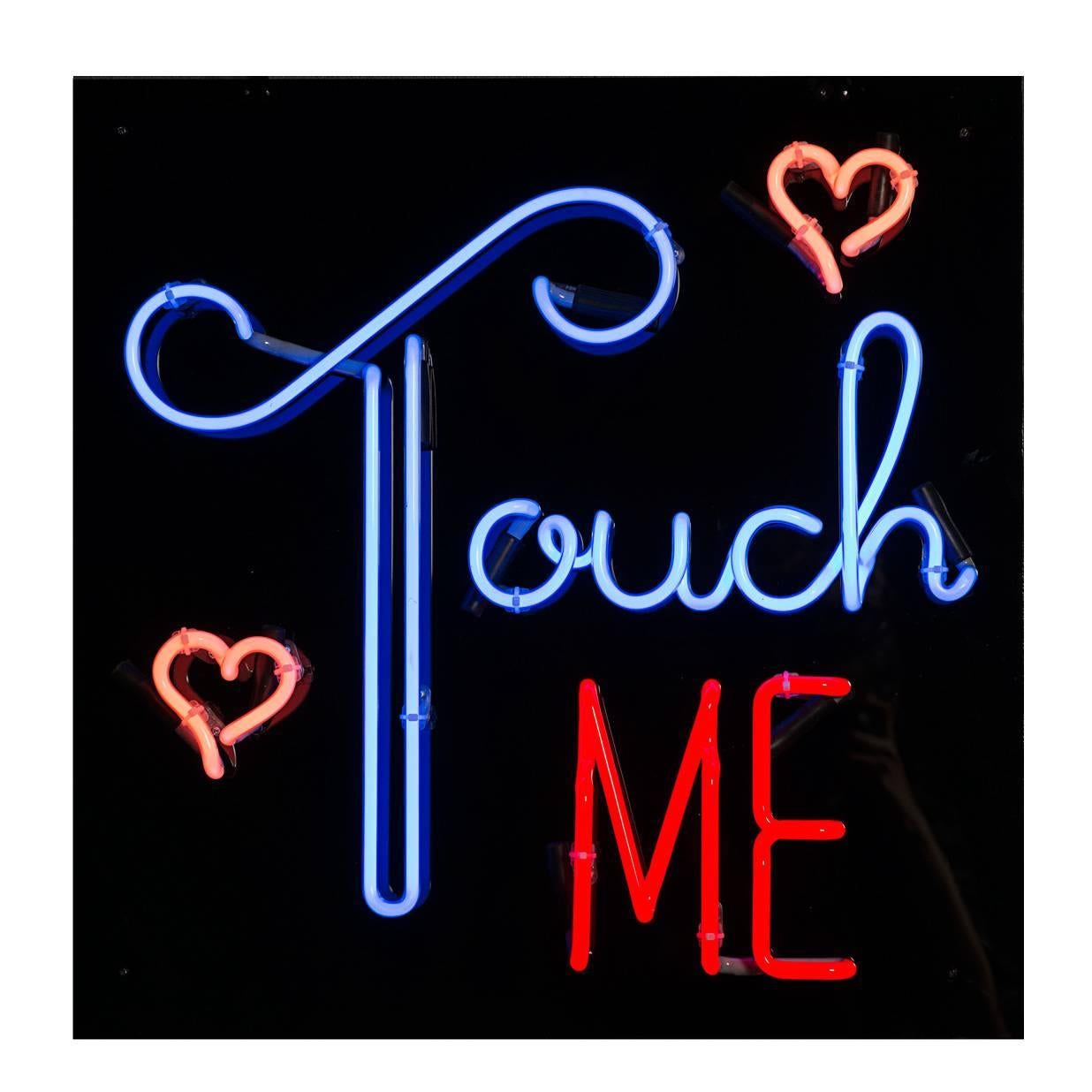 "Touch Me" Neon on Black Acrylic Backing For Sale