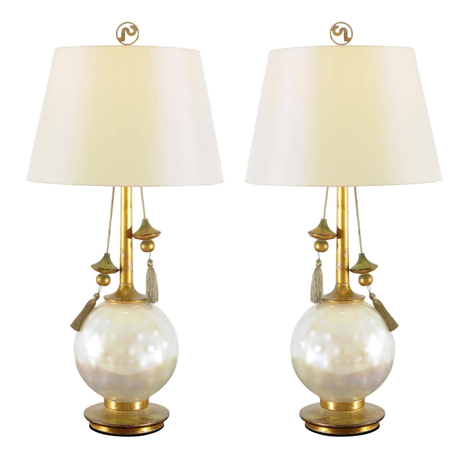 Rare Pair of Blown Glass and Giltwood Pearl Lamps by Frederick Cooper
