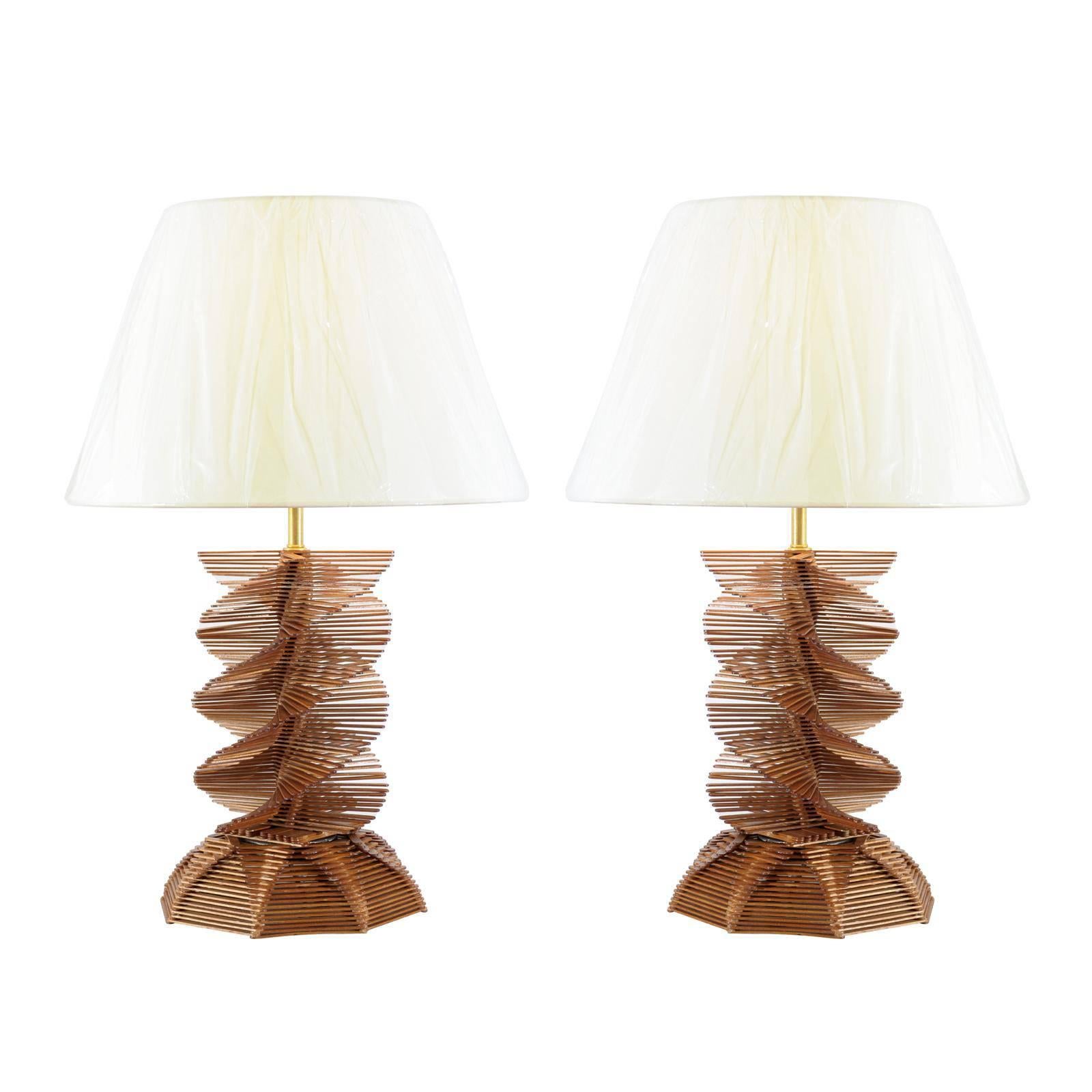 Fabulous Pair of Tramp Art Popsicle Stick Helix Lamps, circa 1970 For Sale