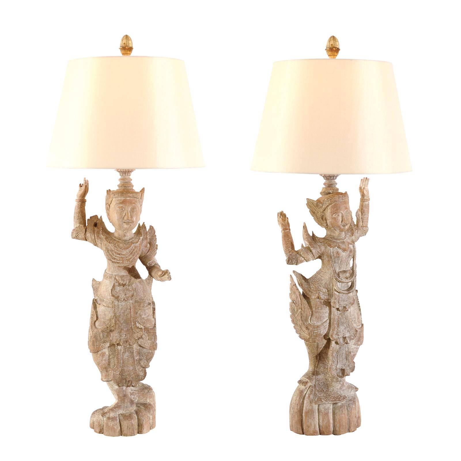 A Jaw-Dropping Pair of Antique Carved Asian Statutes as Custom Lamps