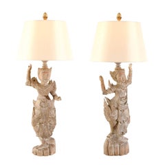 A Jaw-Dropping Pair of Antique Carved Asian Statutes as Custom Lamps