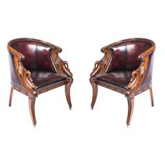 Vintage Pair of Empire Mahogany Leather Tub Armchairs