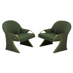 Uncommon Brass and Upholstered Art Deco Revival Lounge Chairs