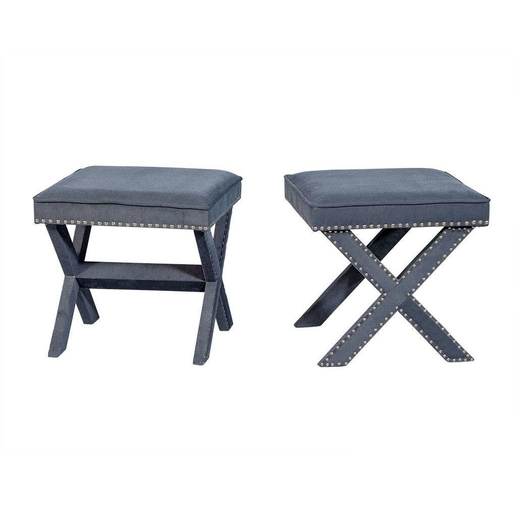 Pair of Grey-Blue Upholstered X-Frame Benches