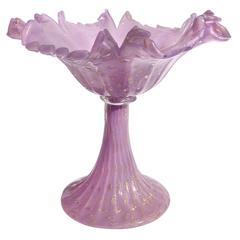 Alfredo Barbini Murano Purple Gold Flecks Italian Art Glass Compote Bowl