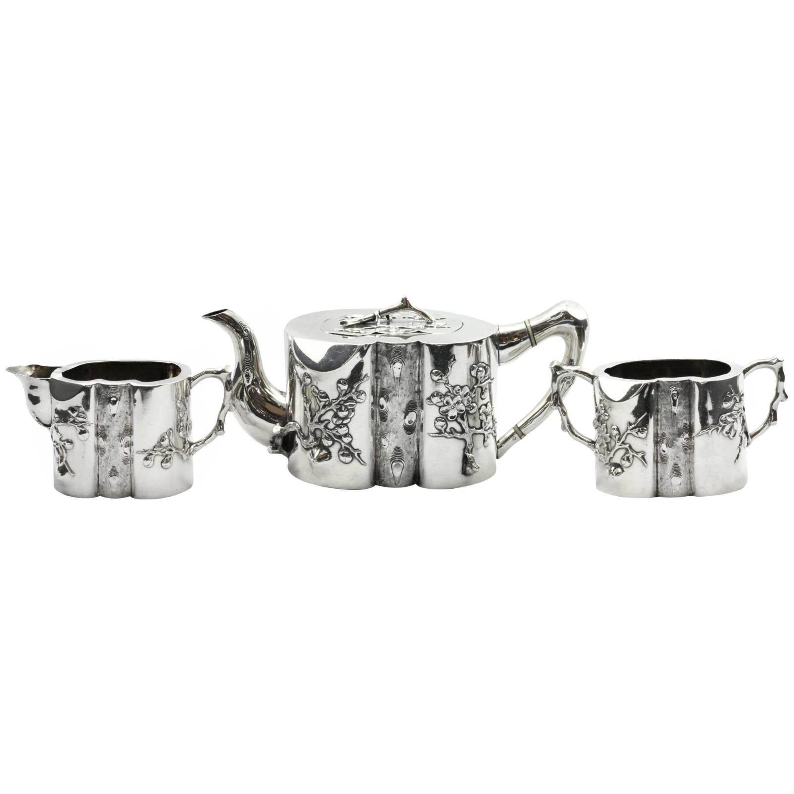 Rare Late 19th Century Wang Hing Three-Piece Chinese Export Coin Silver Tea Set