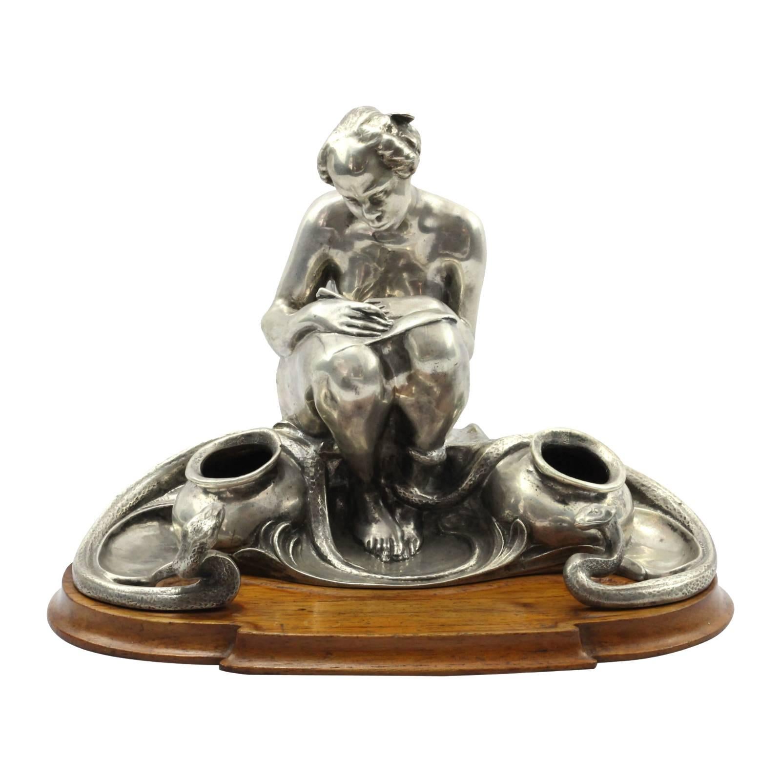 Art Nouveau .800 Continental Silver Figural Inkstand For Sale
