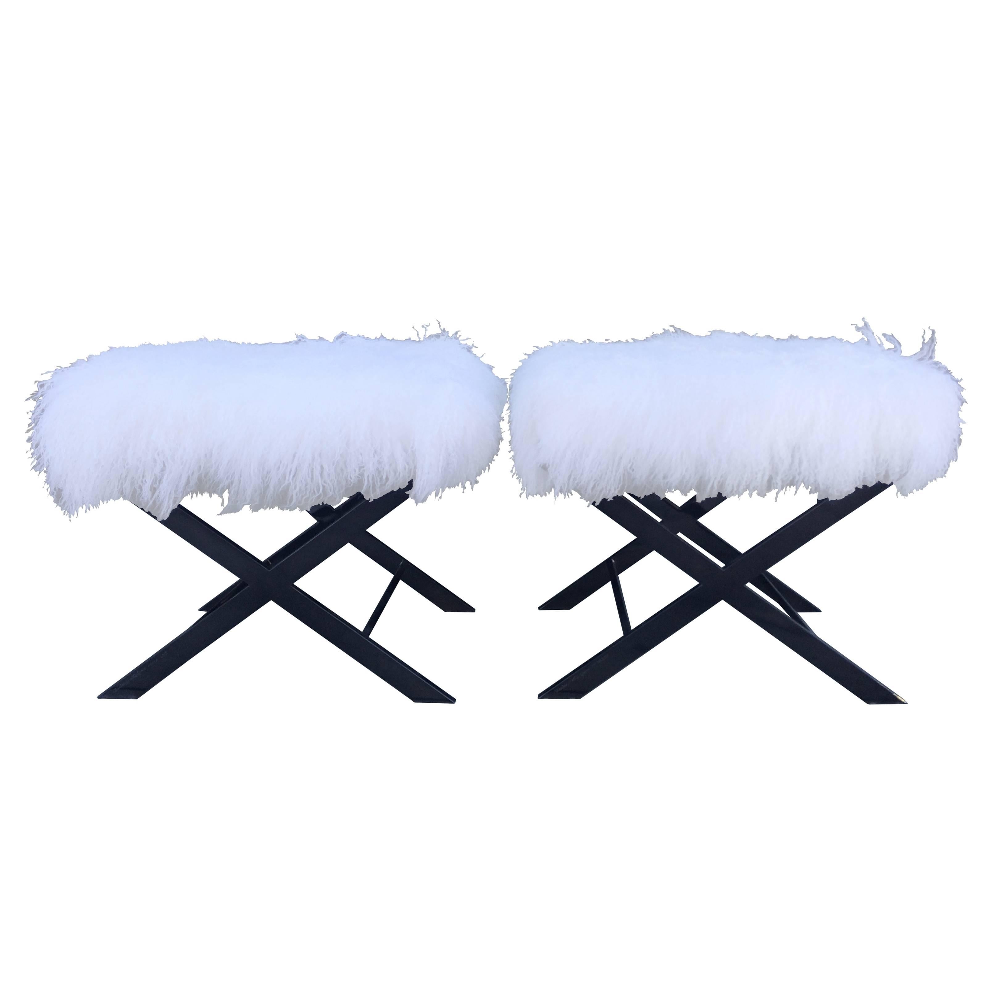 "X" Frame Benches by Charles Hollis Jones, Black Nickel & White Mongolian Lamb For Sale