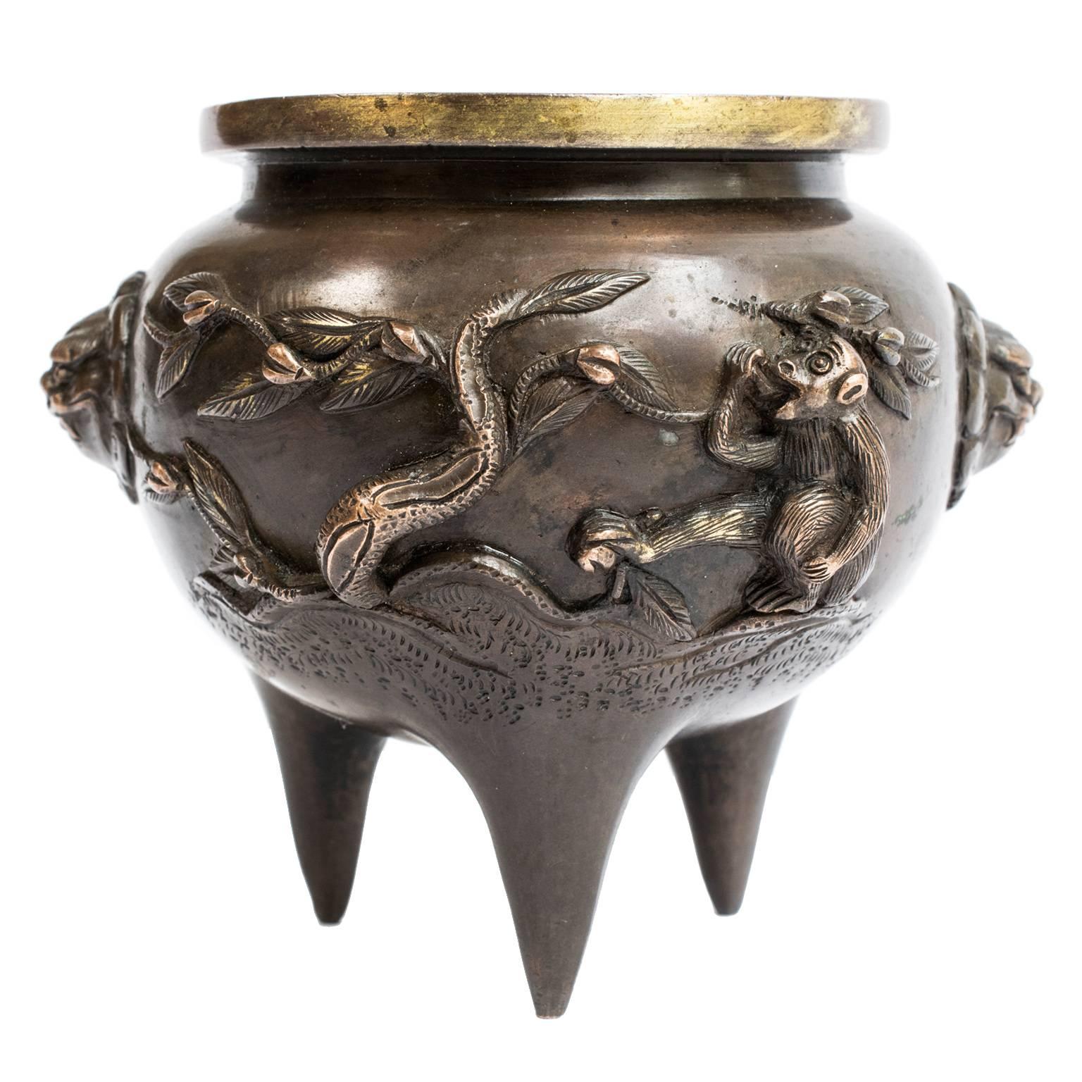 19th Century Chinese Bronze Tripod Censor with Monkeys
