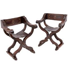 Pair of Italian Walnut Folding x Frame Hall Chairs, circa 1880