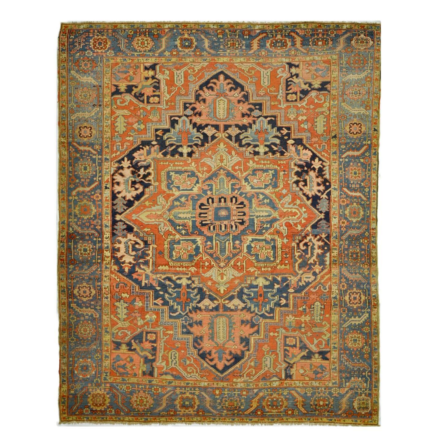 Antique Hand-Knotted Wool Blue Persian Heriz Rug For Sale