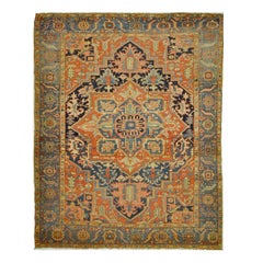 Antique Hand-Knotted Wool Blue Persian Heriz Rug