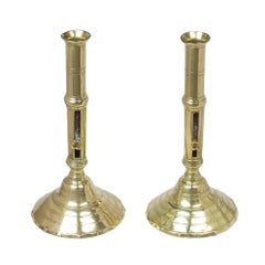 Antique Pair of French Push-Up Brass Candlesticks, Circular Stepped Base
