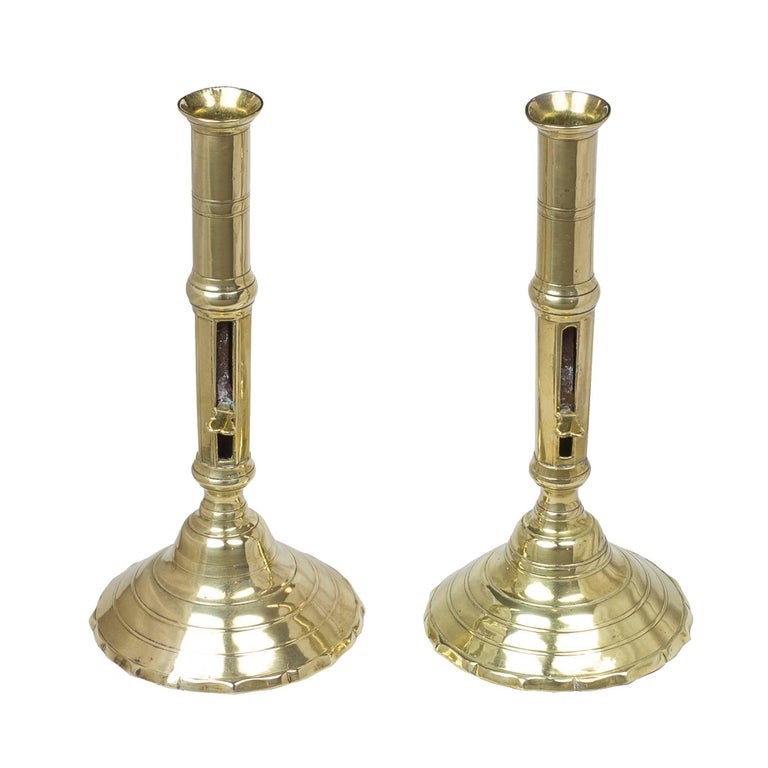 Pair of French PushUp Brass Candlesticks, Circular Stepped Base at