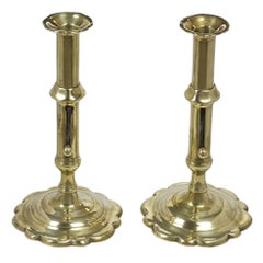 Pair of English Push-Up Brass Candlesticks, with Scalloped Edge Bases