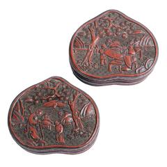 Pair of 19th Century Chinese Cinnabar Peach Shaped Boxes Decorated with Scholars