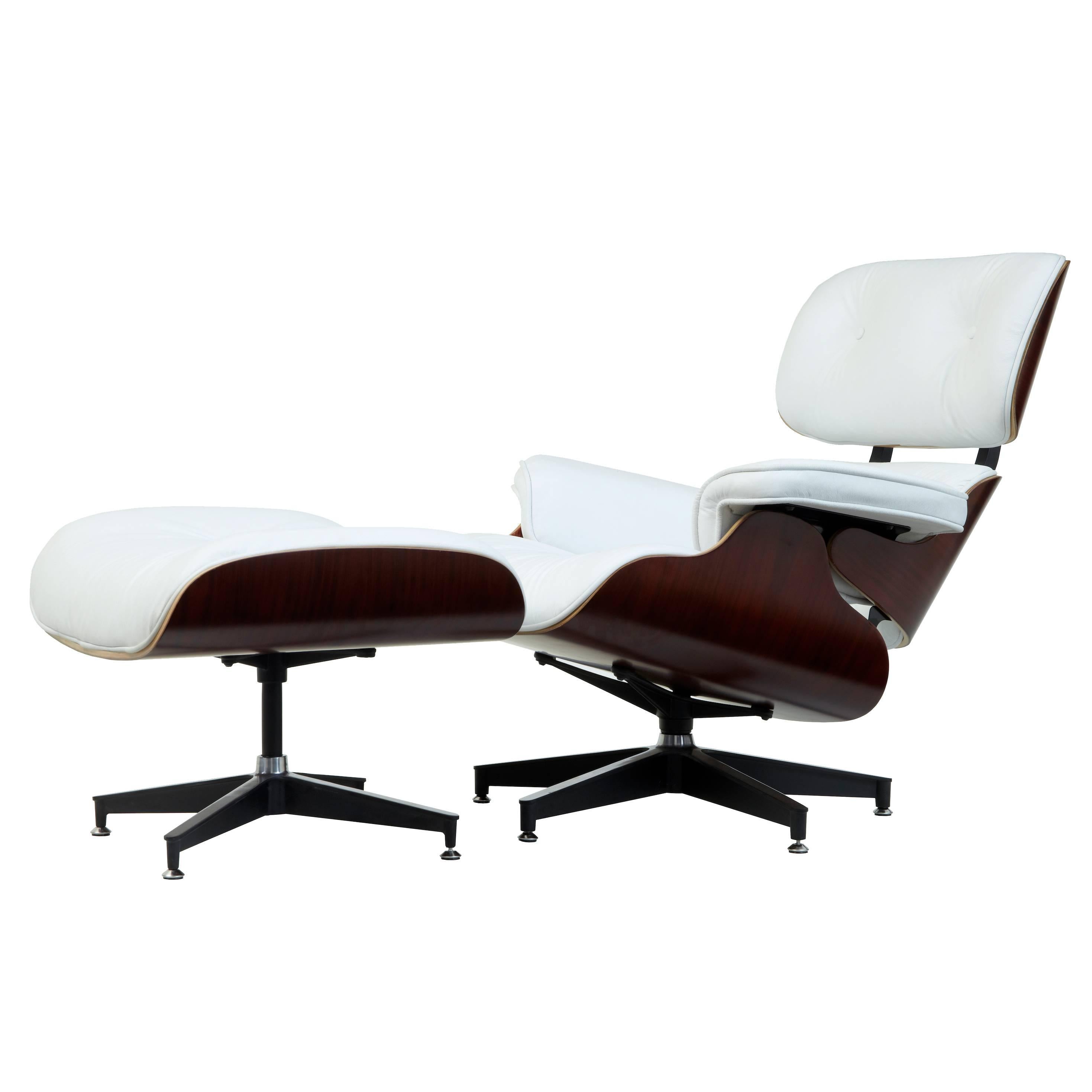 Eames White Leather Lounge Chair and Ottoman