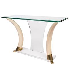 Stylish Springer Style Metal Mounted Resin Tusk Console Table, circa 1970