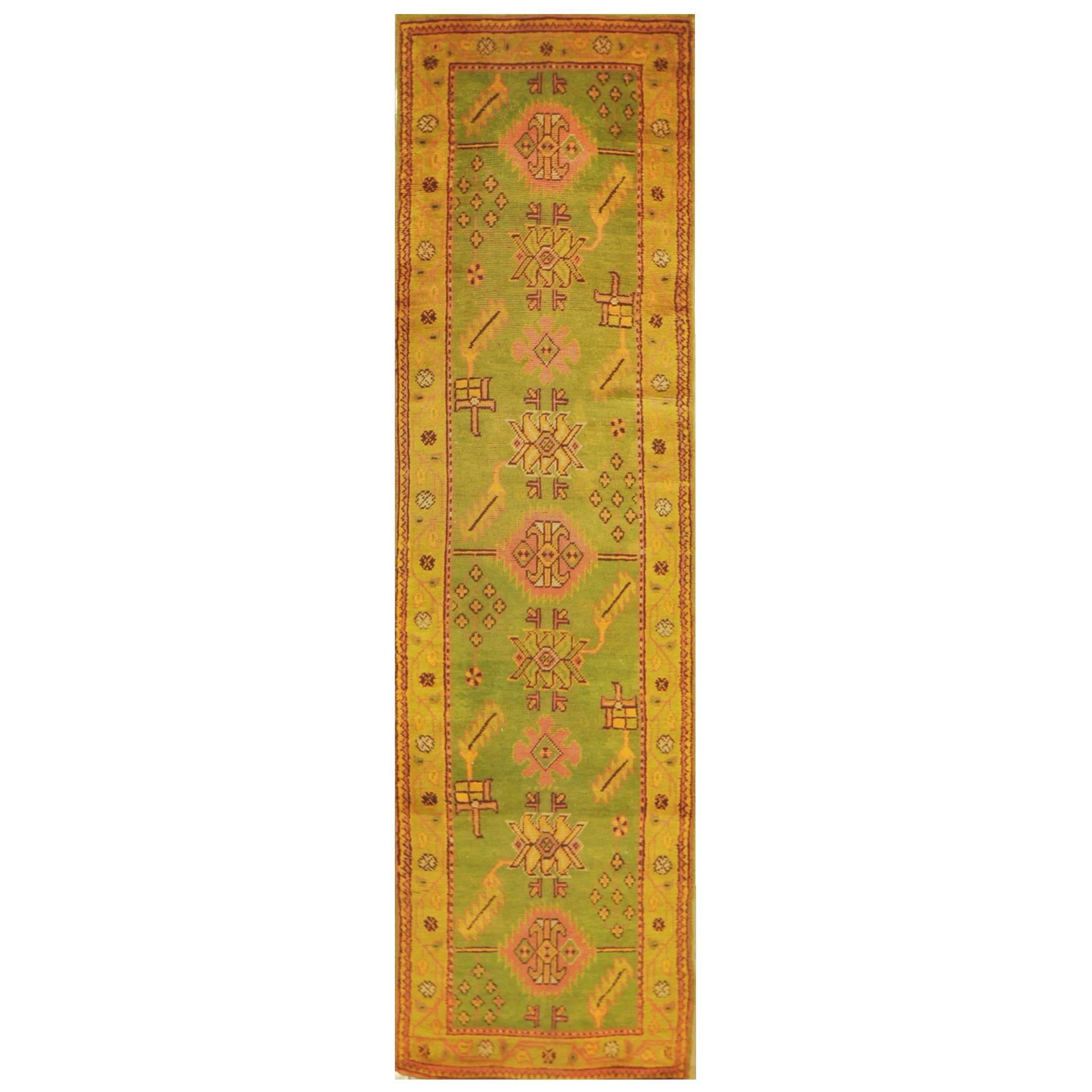 Antique Hand Knotted Wool Green Turkish Oushak Runner Rug For Sale