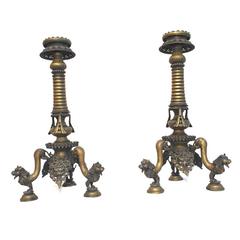 Rare Pair of Late 18th Century Tall Bronze Temple Nepalese Candle Holders