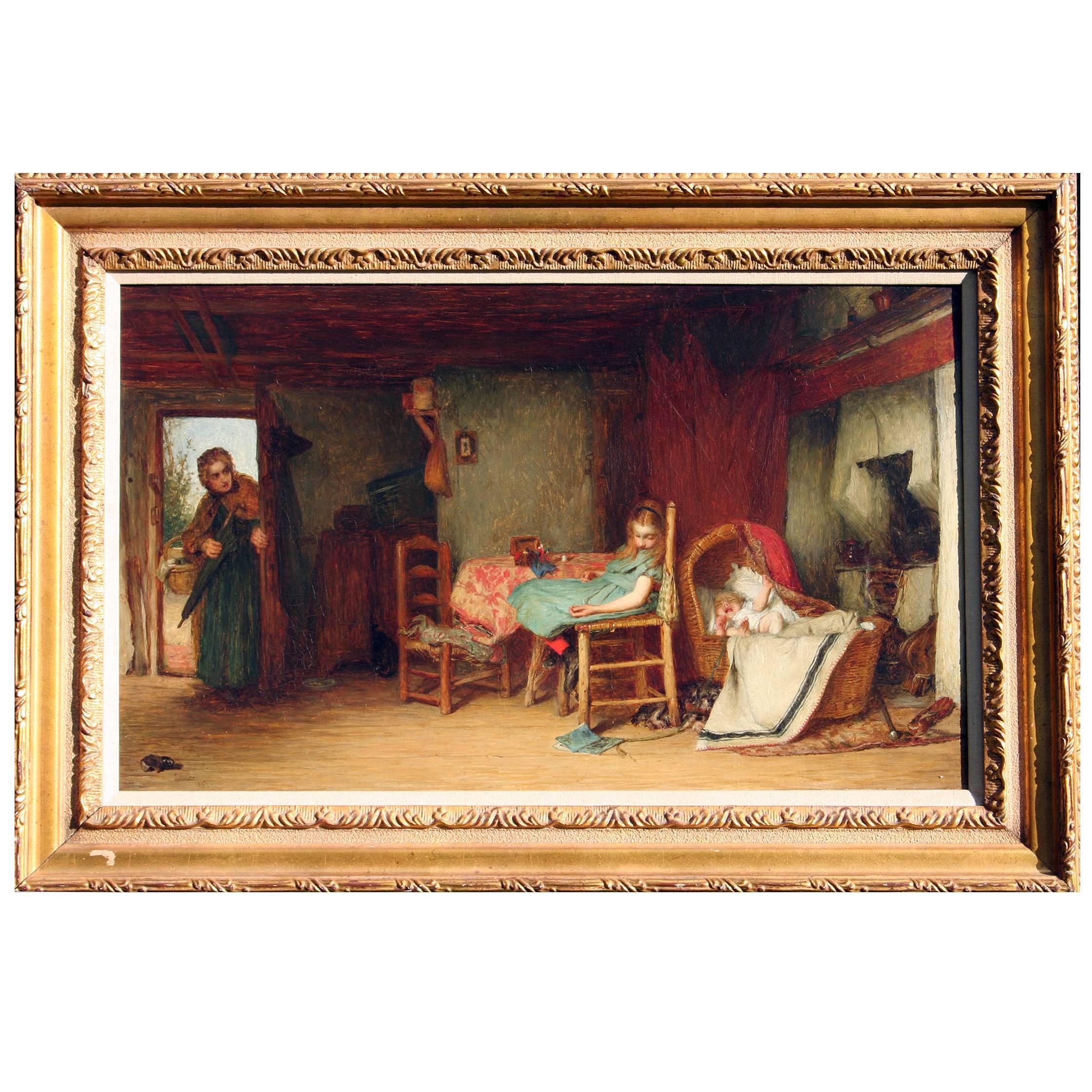  Painting of 19th Century English Cottage Interior by John Burr  For Sale