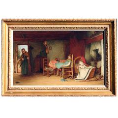 Antique  Painting of 19th Century English Cottage Interior by John Burr 