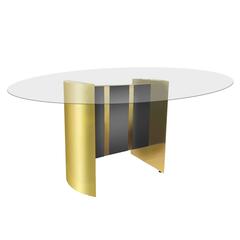 1970s Curved Brass and Smoked Mirror Dining Table with Round Glass Top