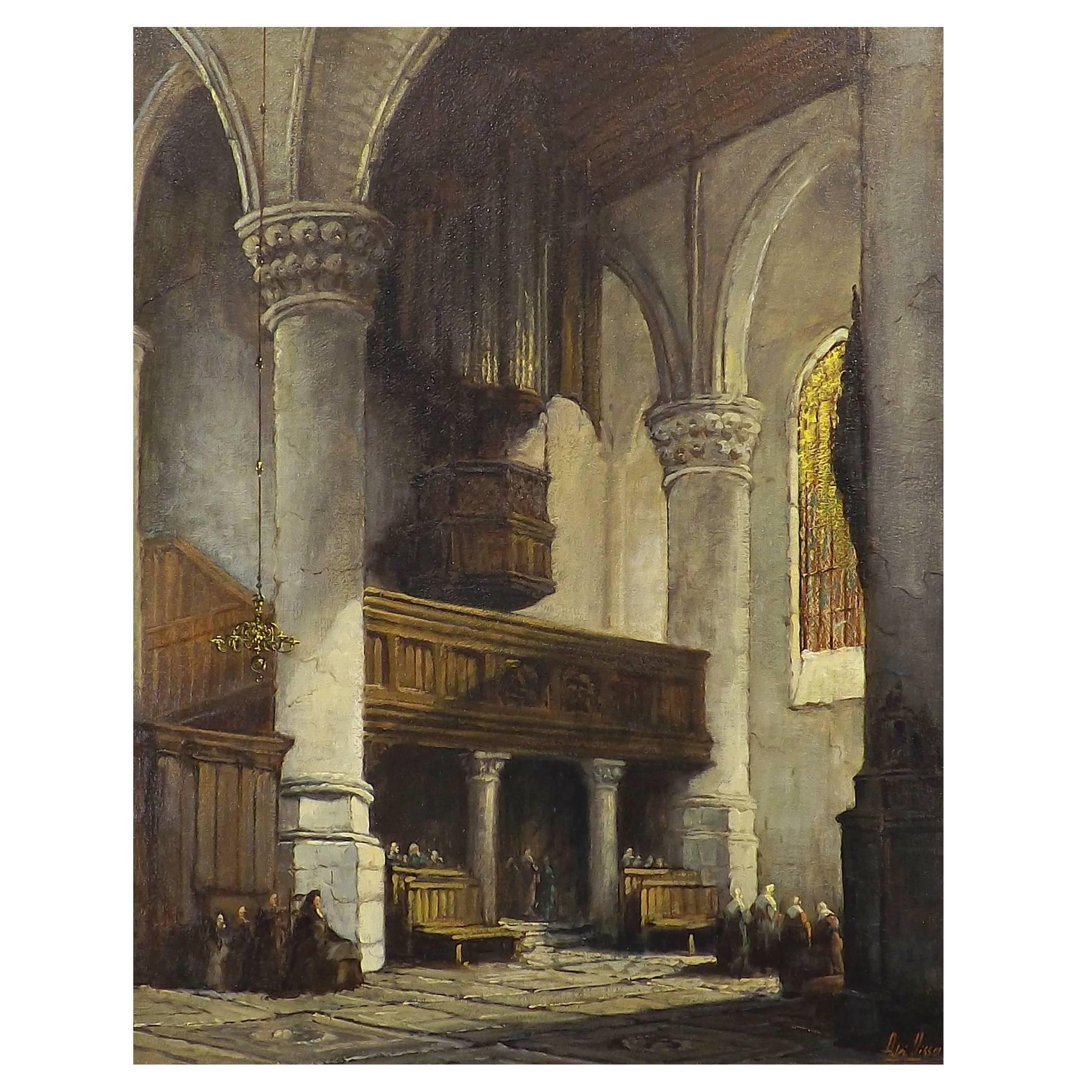 'Sunlit Church' Oil Painting by Adrianus Visser For Sale