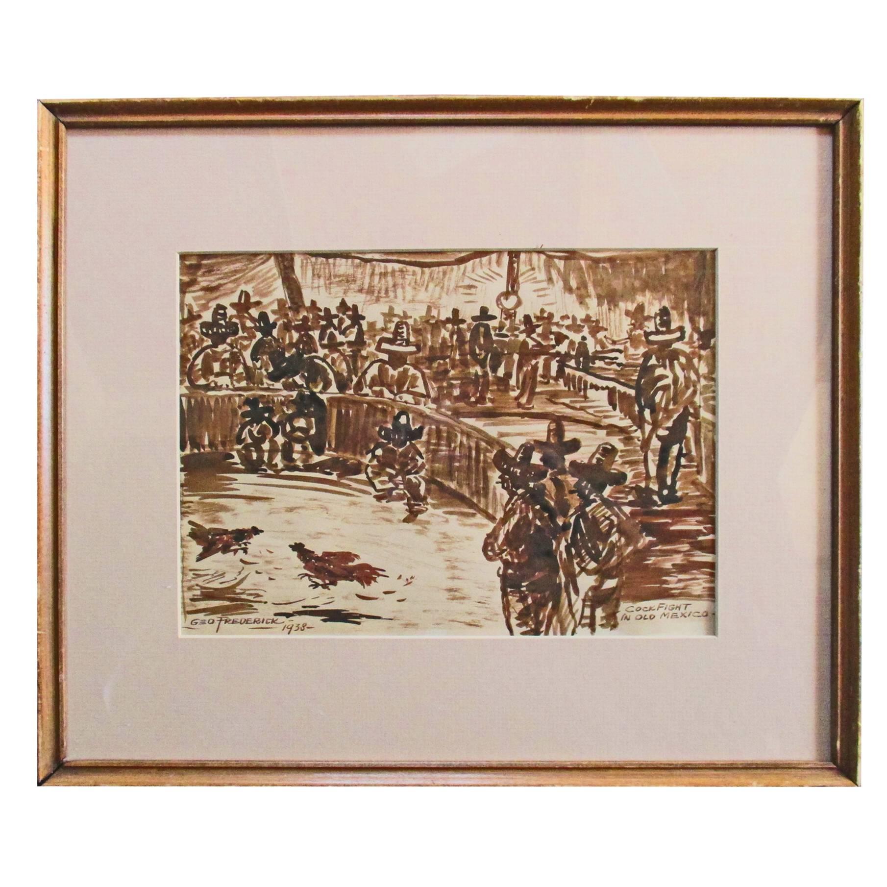 Mexican Gouache of Cockfight, George Frederick, 1938, Signed, Dated For Sale