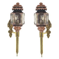 Superb Pair of Antique English Brass Carriage Lamps of Large Size, circa 1850