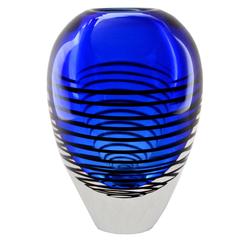 Mid-Century Sommerso Cobalt Blue with Black Spiral Vase
