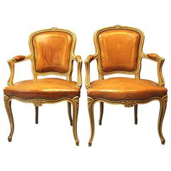 Pair of French Tan Tooled Leather Fauteuil Chairs